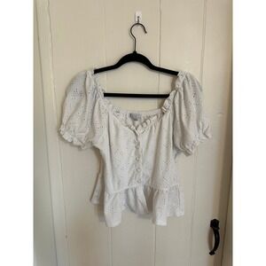 Story On White Eyelet Cotton Puff Sleeve Button Front Peplum Top Small